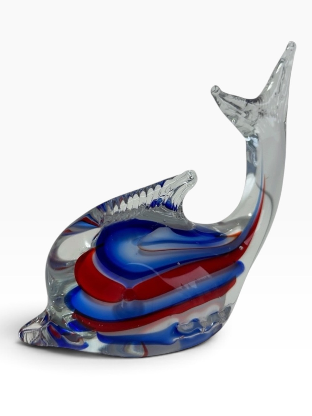Hand Blown Art Glass Dolphin Figurine/Paperweight Blue/Red Swirl